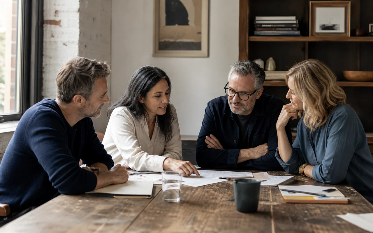 Four senior operators collaborating around a studio table